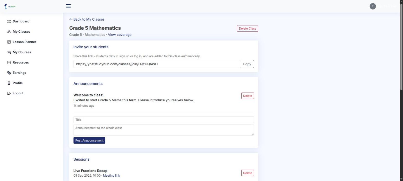 A YNetStudyHub class page with an invite link, an announcement, and a scheduled live session with a meeting link